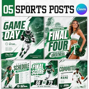 Könnte beinhalten: Ein digitales Grafikset mit fünf sportbezogenen Social-Media-Vorlagen in Grün und Weiß. Die Designs enthalten Texte wie GAME DAY, FINAL FOUR, SOCCER SCHEDULE, FINAL SCORE und COMMITTED sowie Abbildungen von Football-, Fußball- und Basketballspielern.