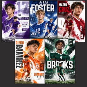 May include: A collection of five sports posters featuring soccer players in purple, blue, red, orange, and green uniforms. Each poster displays the athlete's name, team, position, and the year 2026, with dynamic action shots of players on the field.