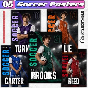 May include: Five digital soccer posters featuring athletes in purple, orange, green, blue, and red jerseys. Each poster displays the text SOCCER, SENIOR 2027, player names, and jersey numbers against a dark stadium background with bright floodlights.