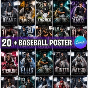 May include: A collection of twenty baseball posters featuring individual athletes in uniform, each displayed with their name, jersey number, and Class of 2026 text. The designs include stadium lighting, baseball graphics, and vibrant color overlays.