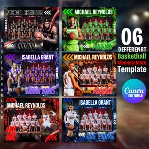 May include: A digital download template for basketball memory mates. The design features team photos, player names, and team names in various color schemes. The template is Canva editable.