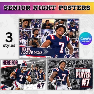 Pode incluir: Um modelo digital para cartazes de noite de finalistas com um jogador de futebol americano vestindo uma camisa azul escura com o número 7. O design inclui várias molduras para fotos, o texto "SENIOR NIGHT POSTERS", "HEY #7, I LOVE YOU" e "MY FAVORITE PLAYER #7".