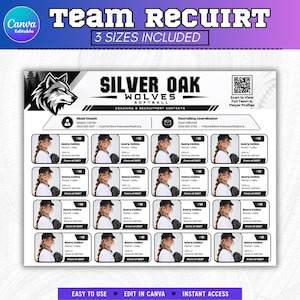 Op de afbeelding: Een digitaal wervingsflyer-sjabloon voor het Silver Oak Wolves softbalteam met een wolf-mascotte-logo, contactgegevens voor de technische staf en een raster van zestien spelersprofielkaarten met ruimte voor foto's en spelersgegevens.