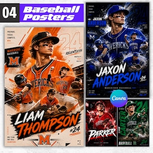 May include: A collection of four baseball posters featuring athletes in team uniforms. The designs include orange, blue, red, and green color schemes with player names like Jaxon Anderson, Liam Thompson, Parker, and Carter, plus team text.
