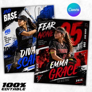 Peut inclure: Deux modèles d'affiches sportives numériques montrant des joueuses de softball en uniforme noir. L'affiche de gauche affiche le texte 2ND BASE, DIVA SCAR et THUNDER. Celle de droite présente FEAR NONE, EMMA GRACE, 2026 et 100% EDITABLE.
