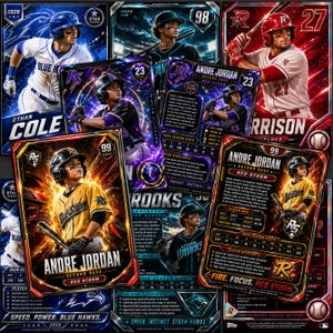 May include: A collection of baseball trading cards featuring various players in team uniforms, including Andre Jordan, Ethan Cole, and Harrison. The cards display player statistics, action photos, team logos, and bold text graphics.