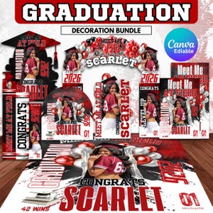 Può includere: Un pacchetto di decorazioni per la laurea in rosso, bianco e nero. Il set include banner, cartelli e oggetti di scena fotografici. Il testo include "GRADUATION", "CONGRATS SCARLET" e "MEET ME AT FIELD".