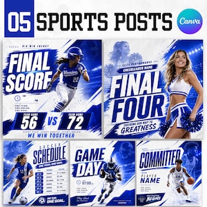 May include: A set of five blue and white sports social media templates featuring athletes in action, including a softball player, a cheerleader, a soccer player, a football player, and a basketball player, with text overlays like FINAL SCORE and GAME DAY.
