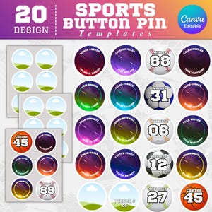 May include: A digital collection of 20 sports button pin templates featuring circular designs with various team names, player names, and jersey numbers. The graphics include baseball, basketball, and soccer ball patterns alongside colorful gradient backgrounds.