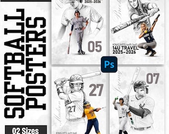 May include: Softball poster templates featuring stylized illustrations of players in action. The posters include player numbers, team names, and the text "KNIGHTS soft ball 14U TRAVEL 2025-2026". The design includes the text "04 Templates" and "02 Sizes".