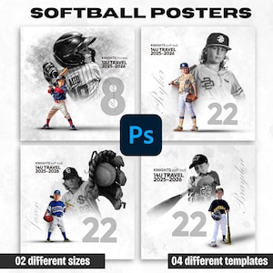 May include: Softball posters with black and white images of young baseball players. Each poster features a player, team name, and the number 22. The posters are available in two sizes and four templates.