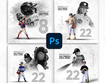 May include: Softball posters with black and white images of young baseball players. Each poster features a player, team name, and the number 22. The posters are available in two sizes and four templates.