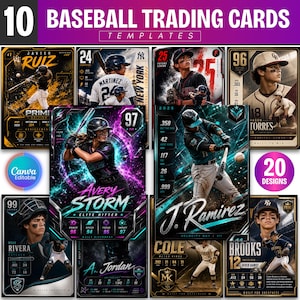 May include: A collection of ten baseball trading card templates featuring various athletes in action poses, including batting and fielding. Each card displays player names, statistics, and team branding with vibrant graphic effects and text.