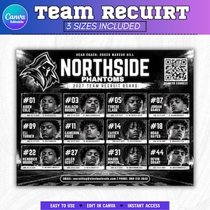 Könnte beinhalten: Ein schwarz-weißes Rekrutierungsplakat für das Northside Phantoms Team 2027 mit Teamlogo, QR-Code und einem Raster aus zwölf Spielerprofilen, die Namen, Trikotnummern, Geburtsdaten und Social-Media-Handles auf Stadionhintergrund zeigen.