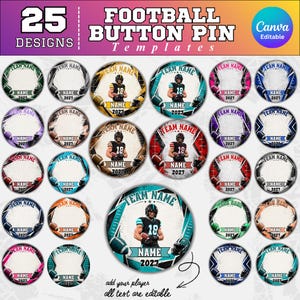 Può includere: Una collezione di 25 modelli circolari di spille da football con vari schemi di colori e design. Ogni modello include uno spazio centrale per la foto del giocatore, campi di testo per il nome della squadra, il nome e l'anno 2027.
