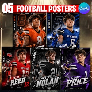 May include: A collection of five football posters featuring high school athletes in team uniforms. Each poster displays the school name, player name, jersey number, and the text Senior 2027. The designs include orange, blue, red, black, and purple color themes.