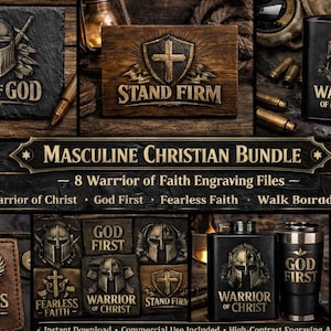 May include: An assortment of engraved items with a masculine Christian theme. The image shows a slate plaque, wooden plaques, a flask, and a tumbler, all with religious and warrior-themed designs. The color scheme is dark with gold highlights.