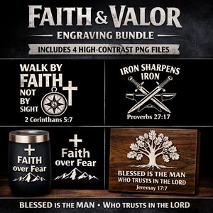Peut inclure: Un ensemble de gravures en noir et blanc avec le texte "Faith & Valor". L'ensemble comprend quatre fichiers PNG à contraste élevé avec des citations et des images religieuses, dont une croix, une boussole et une scène de montagne.