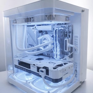 Puede incluir: Una carcasa de ordenador blanca con componentes internos iluminados por luces LED azules. La carcasa presenta una tarjeta gráfica GeForce RTX y tubos blancos. La estética general es limpia y moderna, mostrando una construcción de PC de alto rendimiento.