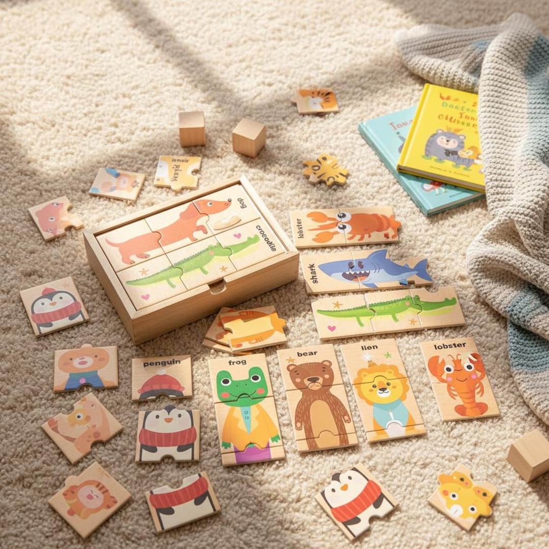 Wooden Animal Puzzle Set - Montessori Educational Toy for Toddlers ...