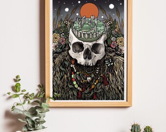 Skull Shaman Wizard Stonehenge Illustration A4 Art Print