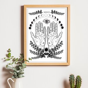 Graphic Celestial Moon Phase Palmistry Illustration Print A4