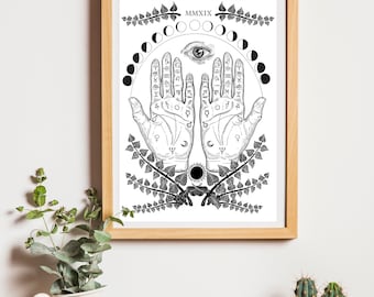 Graphic Celestial Moon Phase Palmistry Illustration Print A4