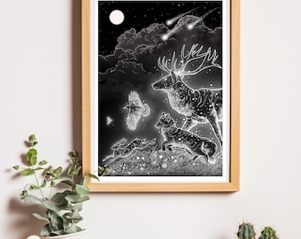 Full Moon Wild Animal Spirit Cavalcade Illustration Art Print A4