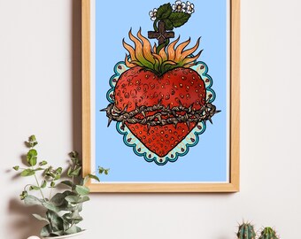 Strawberry Sacred Heart Folk Art Illustration Print A4