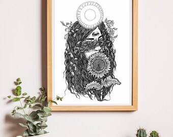 Sunflower and Third Eye Ascension Meditation Illustration Art Print A4