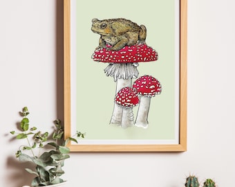 Toadstool Frosch und Pilz Fine Art Illustration Print A4