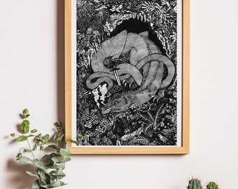 Earth Dragon Ancient Mythology Creature Serpent Illustration Print A4