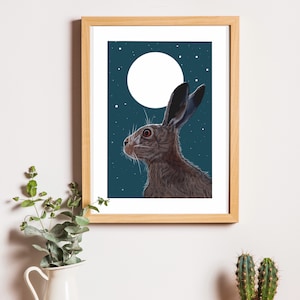 Mond anstarrender Hase Illustration Kunstdruck A4