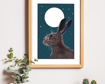 Moon Gazing Hare Illustration Art Print A4