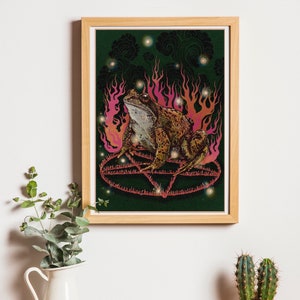Frogs, Fire and Witchcraft Pentagram Magic Illustration Art Print A4