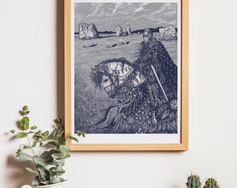 Medieval Knight and Horse Avebury Stone Circle Illustration Art Print A4