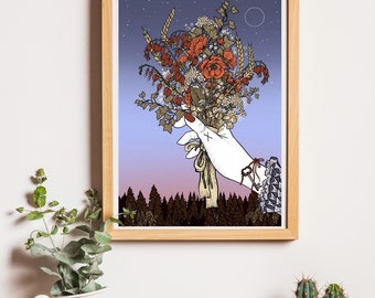 Bouquet Hand Romantic Lenormand Oracle Tarot Card Illustration A4 Print