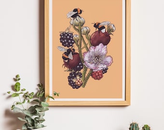 Autumnal Bee and Berry Illustration Fine Art Print A4