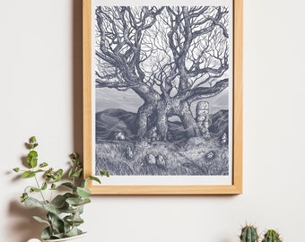 Ancient Sacred Oak Tree Illustration Art Print A4
