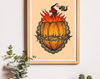 Pumpkin Sacred Heart Flaming Autumnal Illustration Print A4