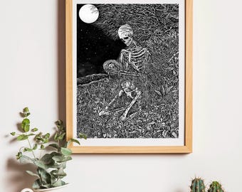Skeleton Undergrowth Full Moon Illustration Print A4