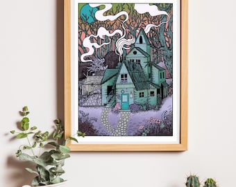 Witches Woodland House Colourful Illustration Print A4