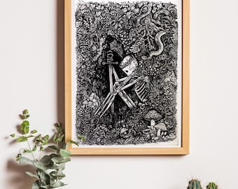 Medieval Skeleton King Forest Woodland Art Illustration Print A4