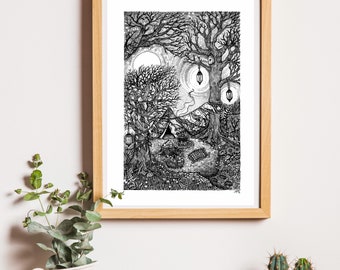 Woodland Camp Wild Camping Illustration Art Print A4
