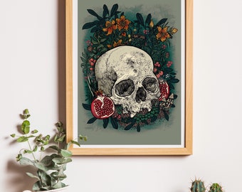 Skull and Wildflower Illustration Art Print A4