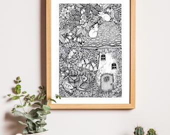 Autumn Fairytale Mushroom House Cottagecore Illustration Print A4