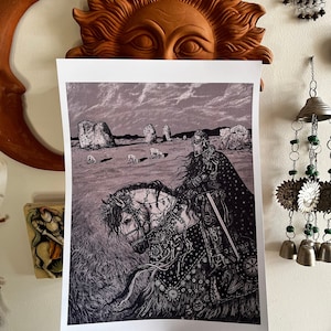 Large A3 Medieval Knight and Horse Avebury Stone Circle Illustration Art Print