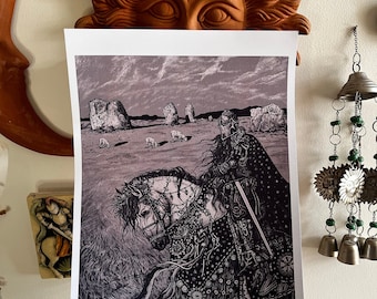 Large A3 Medieval Knight and Horse Avebury Stone Circle Illustration Art Print