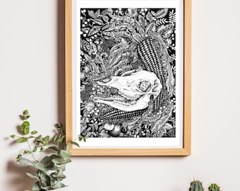 Gothic Animal Skull And Autumn Harvest Illustration Art Print A4