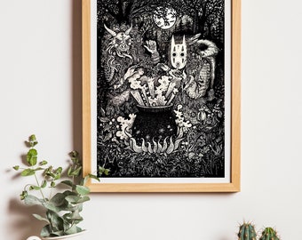 Forest Spells Mask Spirits Fine Art Illustration Print A4